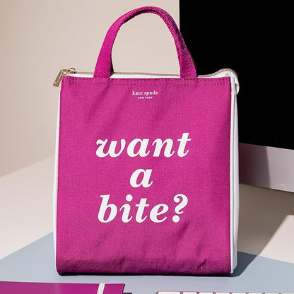 kate spade new york Cute Lunch Bag for Women, Large Capacity Lunch Tote, Adult Lunch Box with Silver Thermal Insulated Interior Lining and Storage Pocket, Colorblock, Want A Bite