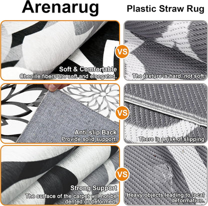 Indoor Outdoor Area Rug Washable Multicolored Rug Tropical Botanical Modern Floral Indoor Outdoor Carpet Black White Rug Non Slip Non Shedding for Patio, Deck, Backyard, Porch (5x8)