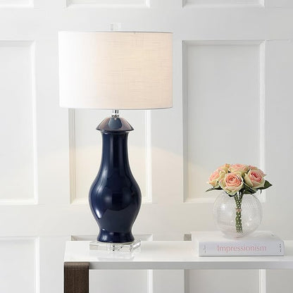JONATHAN Y 31" Navy Blue Ceramic and Crystal Table Lamp, Contemporary Slender Vase Bedside Lamp for Living Room, White Linen Drum Shade, UL Listed, LED Bulb Included JYL8017A