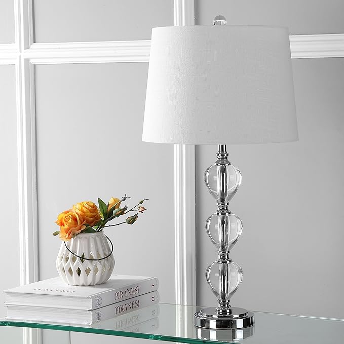 JONATHAN Y 27" Clear/Chrome Traditional Crystal LED Table Lamp, Elegant Column Bedside Lamp for Living Room Bedroom, White Linen Shade, UL Listed, LED Bulb Included JYL2042A