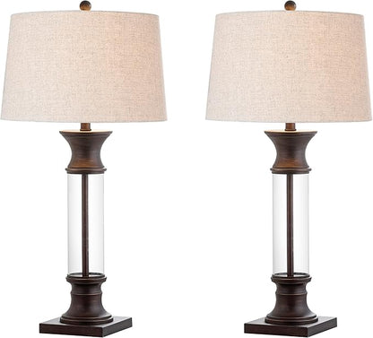 JONATHAN Y 32" Bronze and Clear Glass Table Lamp Set of 2 for Living Room, Rustic Farmhouse Bedside Nightstand Lamps with Gray Linen Drum Shade, LED Bulbs Included JYL4000A-SET2