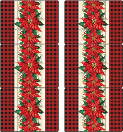 Christmas Poinsettia Placemats Set of 6 Red Watercolor Poinsettia Plastic Table Mats Christmas Xmas Red Flower Place Mats Winter Holiday Table Decoration for Indoor Outdoor Party Kitchen Dining