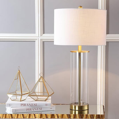 JONATHAN Y 29" Clear/Brass Gold Modern Glass Table Lamp for Living Room Bedroom, Minimalist Nightstand Bedside Lamp, White Linen Drum Shade, LED Bulb Included (JYL2005A)