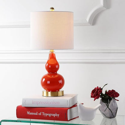 JONATHAN Y 20.5" Sunset Orange Glass Table Lamp, Modern Gourd Bedside Nightstand Lamp for Bedroom, Living Room, White Linen Shade, LED Bulb Included (JYL1028G)
