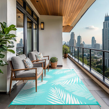 GENIMO Outdoor Rug 6' x 9' Waterproof for Patios Clearance, Reversible Outdoor Plastic Straw Camping Rug Carpet, Large Area Rugs Mats for RV, Camper, Deck, Balcony, Porch, Beach, Aqua Blue&White