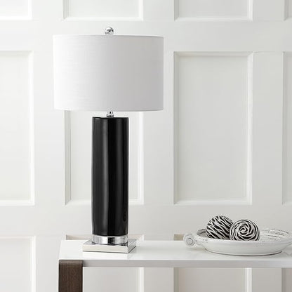 JONATHAN Y 31.5" Black/Chrome Ceramic Table Lamp with Chrome Base for Living Room, White Linen Drum Shade, Modern Bedside Lamp for Bedroom Office Nightstand, LED Bulb Included (JYL8021B)
