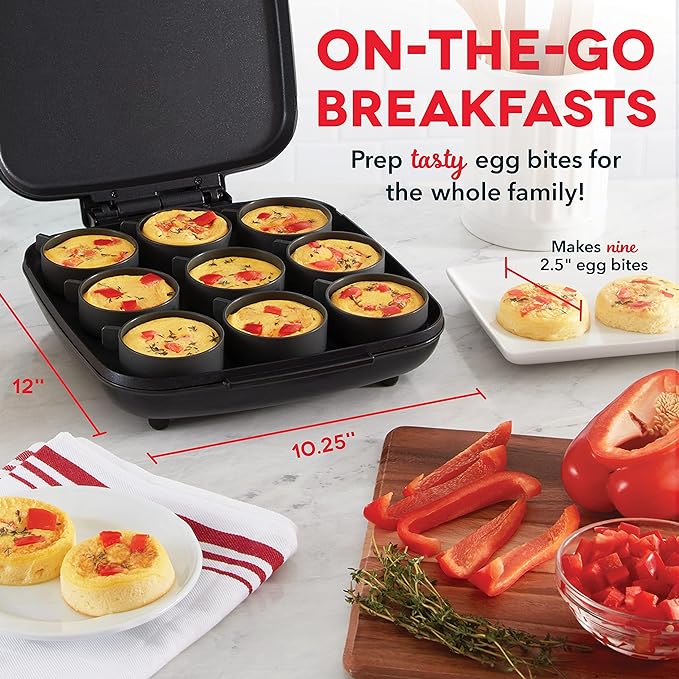 Dash Family Size Egg Bite Maker - Electric Egg Bite Maker with Non-Stick Silicone Cups - Space-Saving Design & Quick Cleanup - Make Sandwiches, Healthy Snacks & Desserts - 9 Servings, Black