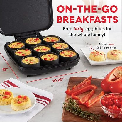 Dash Family Size Egg Bite Maker - Electric Egg Bite Maker with Non-Stick Silicone Cups - Space-Saving Design & Quick Cleanup - Make Sandwiches, Healthy Snacks & Desserts - 9 Servings, Black