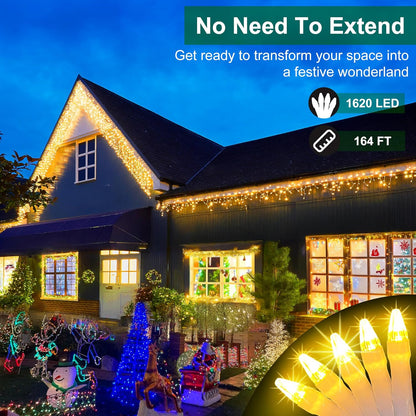 1620 LED 164ft Christmas Icicle Lights Outdoor,8 Modes Fairy Curtain Icicle String Lights with 360 Drops,XKSQ Twinkly Lights Plug in Timer Memory for Holiday Wedding Party (Warm White)