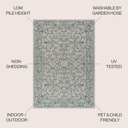 JONATHAN Y Vintage Filigree Indoor Outdoor Round Area Rug 6 Ft Gray/Teal, Charleston Textured Weave for Backyard, Patio, Porch, Easy-Cleaning, High Traffic, Pet-Friendly, Non-Shedding (SMB106E-6R)