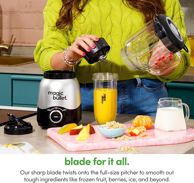 Magic Bullet® Combo Blender, 600W, 48oz Pitcher, 16oz Cup with To-Go Lid, Easy Cleaning, Cross Blade, for Smoothies, Sauces, Shakes, Salsa, Hot Blends, Silver, MBF50200