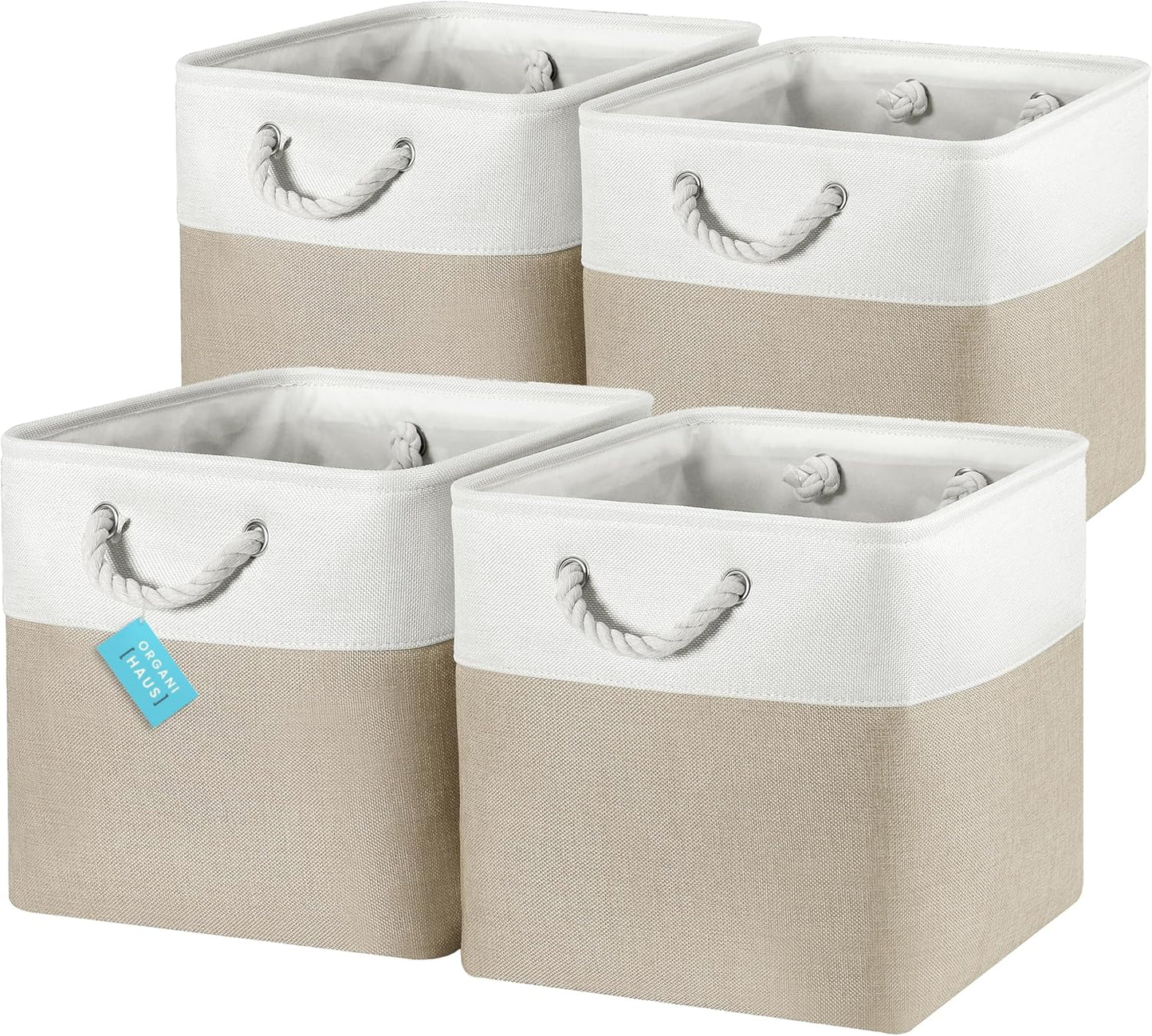 OrganiHaus 13x13 Cube Storage Bins 4 Pack, Foldable Cube Storage Organizer w/ Rope Handles, Collapsible Fabric Bins for Toys, Clothes & Closet Organization, Fabric Square Baskets - Beige/White