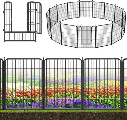Decorative Black Metal Fencing Garden Fence with Gate, 36ft(L) 32in(H) 16 Fence Panels No Dig Fence Rustproof Animal Barrier Fence Temporary Dog Panels Fencing Outdoor