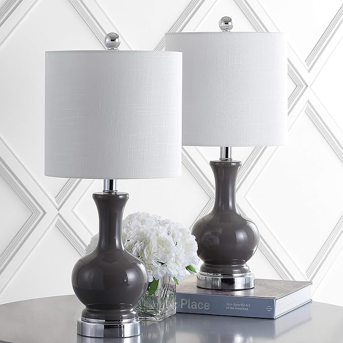 JONATHAN Y 22" Gray/Chrome Modern Glass Table Lamp Set of 2, Brass Gold Bedside Lamp with White Linen Shade for Bedroom Living Room, LED Bulbs Included (JYL4033B-SET2)