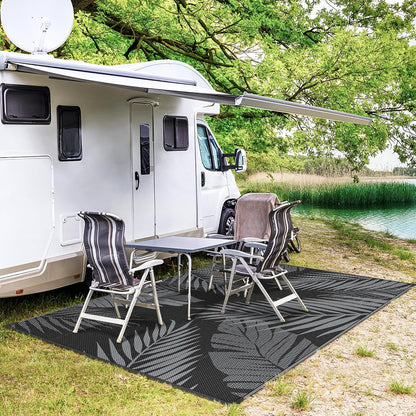 GENIMO Outdoor Rug 5' x 8' Waterproof for Patios Clearance, Reversible Outdoor Plastic Straw Camping Rug Carpet, Large Area Rugs Mats for RV, Picnic, Backyard, Deck, Balcony, Porch, Beach, Black&Grey