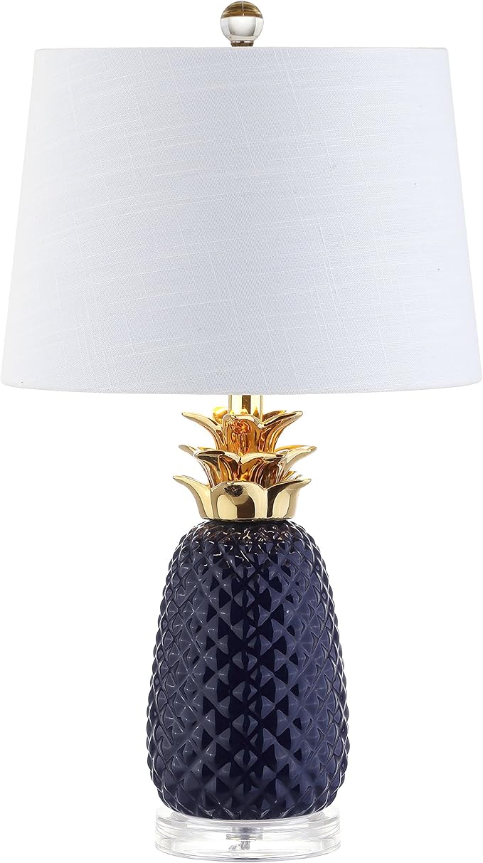 JONATHAN Y 23" Navy Blue/Gold Pineapple Ceramic Table Lamp for Bedroom Decor, Modern Whimsical Bedside Nightstand Lamp with White Linen Drum Shade and LED Bulb JYL4019A