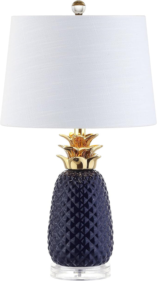 JONATHAN Y 23" Navy Blue/Gold Pineapple Ceramic Table Lamp for Bedroom Decor, Modern Whimsical Bedside Nightstand Lamp with White Linen Drum Shade and LED Bulb JYL4019A