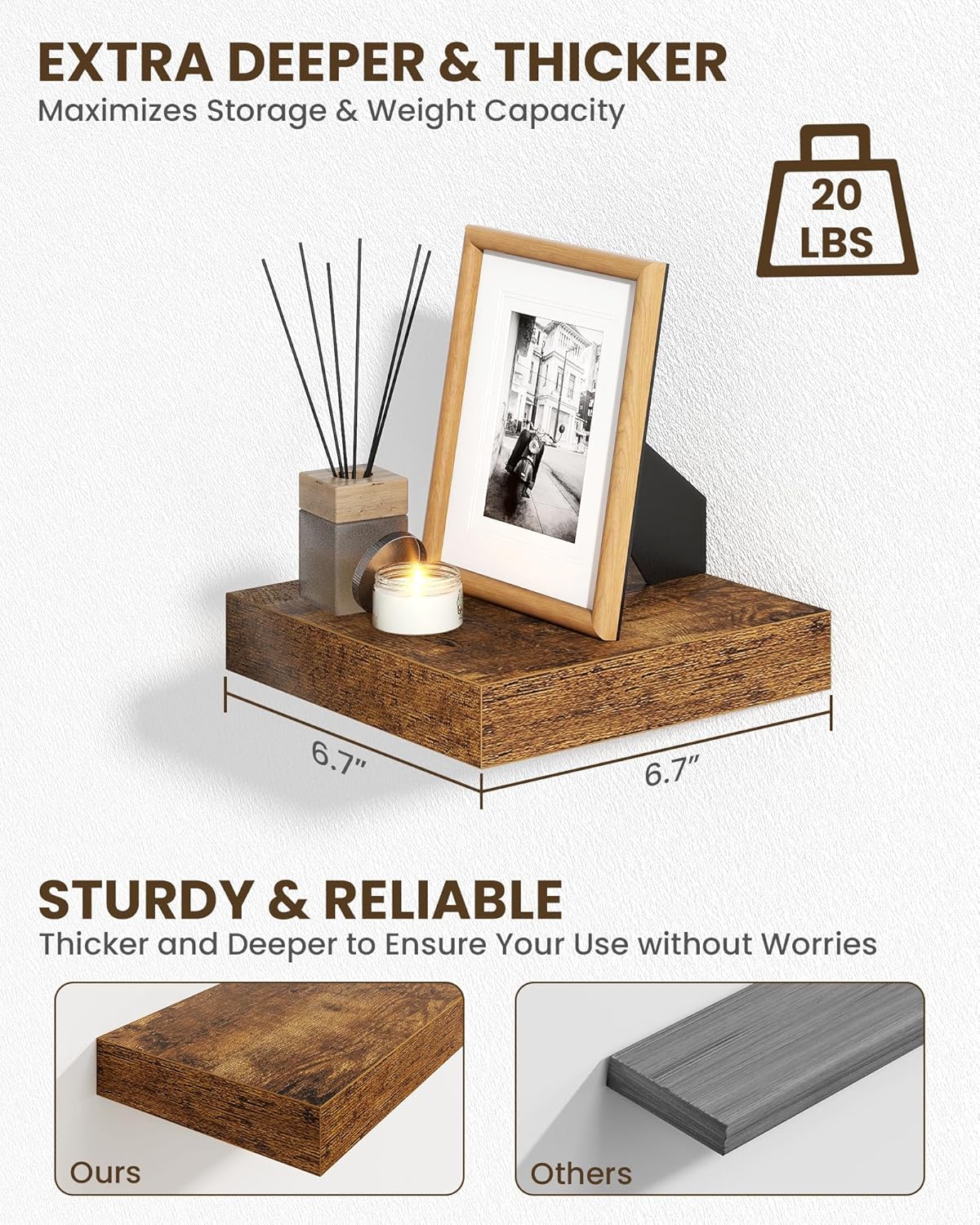 Marsmiles 6.7" Floating Shelves for Wall, Wooden Shelves with Invisible Brackets Set of 2, Rustic Farmhouse Wall Mounted Shelf for Kitchen Bathroom Living Room Study, Rustic Brown