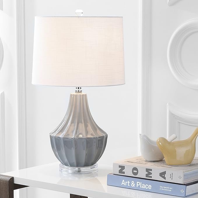 JONATHAN Y 24.5" Gray Ceramic Table Lamp for Bedroom, Modern Bedside Desk Lamp, White Linen Drum Shade, Fluted Gourd for Living Room, LED Bulb Included (JYL8018B)