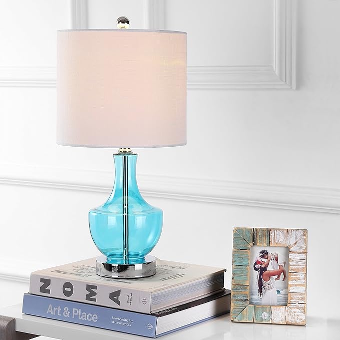 JONATHAN Y 20" Amalfi Blue Glass Mini Table Lamp, Modern Bedside Lamp for Bedroom, White Linen Drum Shade, Teardrop Glass Base, LED Bulb Included, UL Listed (JYL1029C)