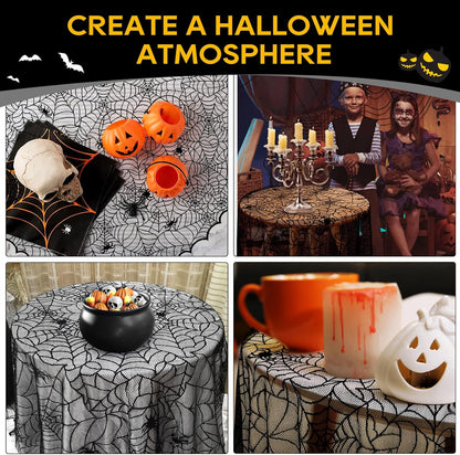 eZAKKA Round Halloween Tablecloth, 70 Inch Spider Webs Tablecloths Black Tablecloth Lace Fabric Table Cloths Spooky Table Cover for Parties Gothic Halloween Home Decorations