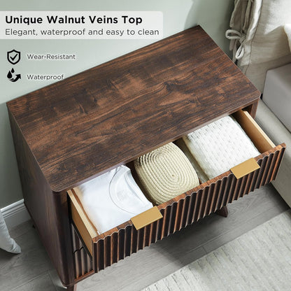 T4TREAM 32" Tall Fluted Nightstand, Modern Side Table, 3 Drawers End Table w/Storage, Bedside Table for Bedroom, Living Room, Curved Profile Design, Dark Walnut
