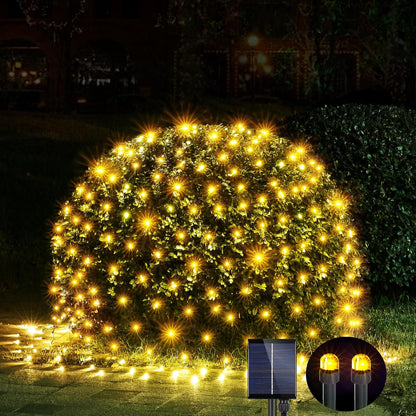 WBao Solar Christmas Net Lights 200LED F8 Big Bulbs, 8.4ft x 5.2ft Christmas Bushes Lights with Remote Control, 8 Modes, Timer, Waterproof for Lawn, Bushes, Outdoor Christmas Decorations, Warm White