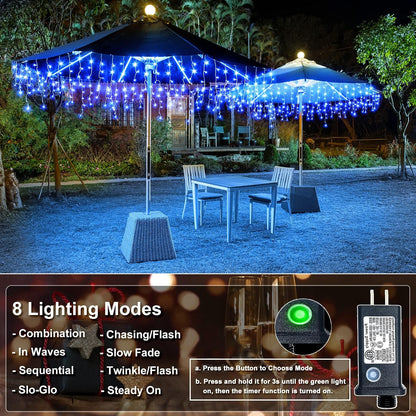 98FT Blue Icicle Lights for Outside, 1216 LED Icicle Christmas Lights with 8 Modes 228 Drops, Curtain Twinkle Lights for Indoor Outdoor Bedroom House Holiday Party Wedding Decorations