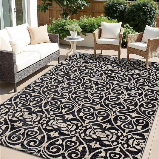 OLANLY Outdoor Rug Waterproof 5x8 ft Clearance, Reversible Outdoor Plastic Straw Rug with Floral Pattern, RV Mat for Patio, Camping, Balcony, Deck, Backyard, Black & Beige