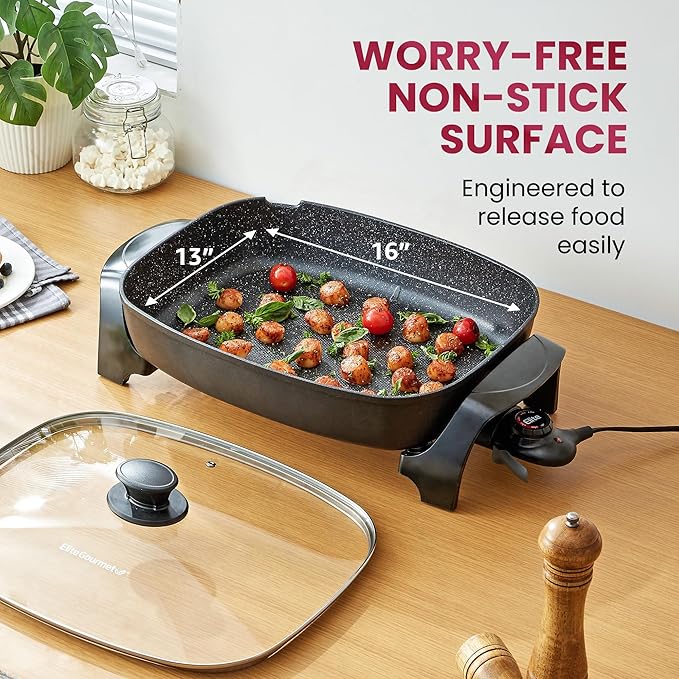 Elite Gourmet EG-6203# Extra Deep 16"x13"x3.2" (10.5Qt.) Scratch Resistant, Easy Pour Spout Dishwasher Safe, Non-stick Electric Skillet with Glass Vented Lid, Adjustable Temperature, Black