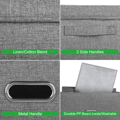 Large Linen Fabric Foldable Storage Bins with Removable Lid and Handles, Washable Storage Box Organizer Containers Baskets Cube with Cover for Bedroom,Closet,Nursery (Grey, Medium(2-Pack))