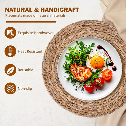 Defined Deco Woven Placemats Set of 6,12" Round Rattan Placemats,Natural Hand-Woven Water Hyacinth Placemats,Farmhouse Weave Place Mats,Rustic Braided Wicker Table Mats for Dining Table,Home,Wedding.