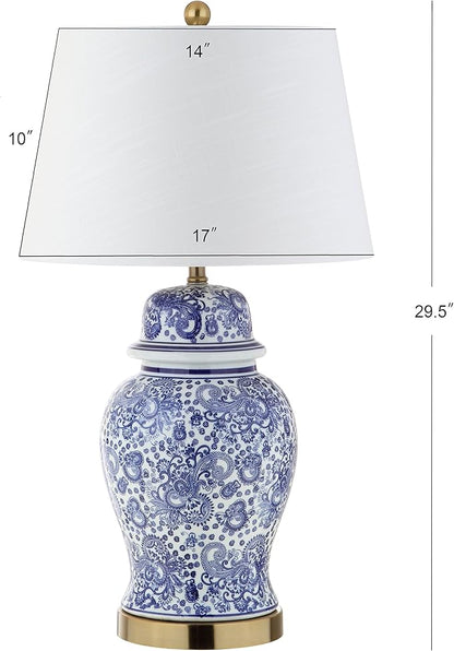 JONATHAN Y 29.5" Blue/White Ceramic Table Lamp for Living Room and Office, White Linen Drum Shade, Traditional Chinoiserie Ginger Jar Lamp, LED Bulb Included JYL3008A