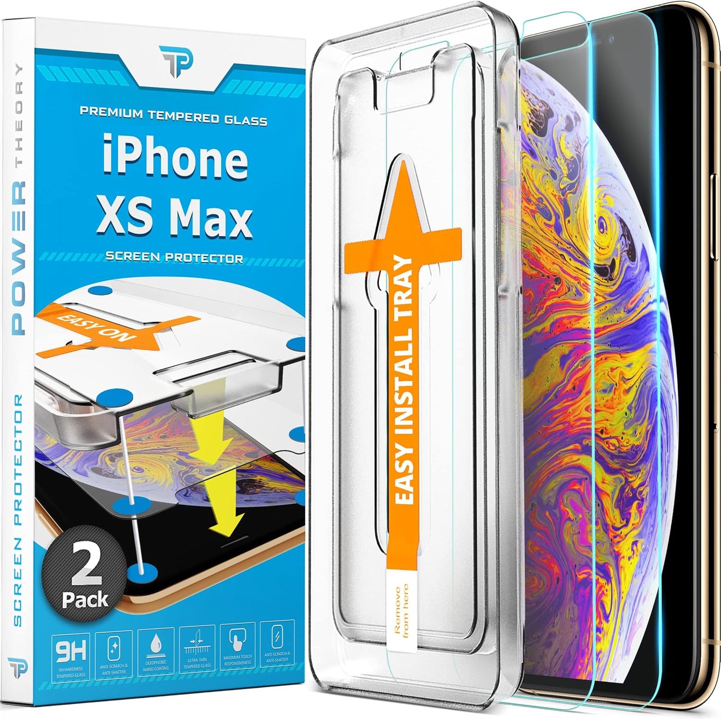 Power Theory Designed for iPhone Xs Max Screen Protector Tempered Glass [9H Hardness], Easy Install Kit, 99% HD Bubble Free Clear, Case Friendly, Anti-Scratch, 2 Pack