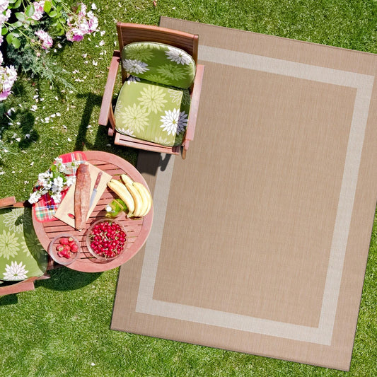 CAMILSON Outdoor Rug 8x10, Modern Outside Rugs for Patios Porches Waterproof Durable Washable Non-Shedding, Easy-to-Clean Indoor Outdoor Area Carpet (8 x 10, Bordered - Beige/White)
