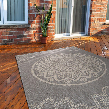 CAMILSON Outdoor Rug 10x14 Modern Area Rugs for Large Indoor and Outdoor Patios and Porches - Waterproof Washable Non-Shedding Easy-to-Clean Outside Carpet (10 x 14, Medallion - Grey/White)