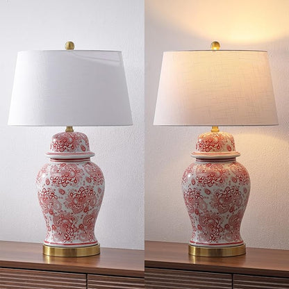 JONATHAN Y 29.5" Red/White Ceramic Table Lamp for Living Room and Office, White Linen Drum Shade, Traditional Chinoiserie Ginger Jar Lamp, LED Bulb Included (JYL3008C)