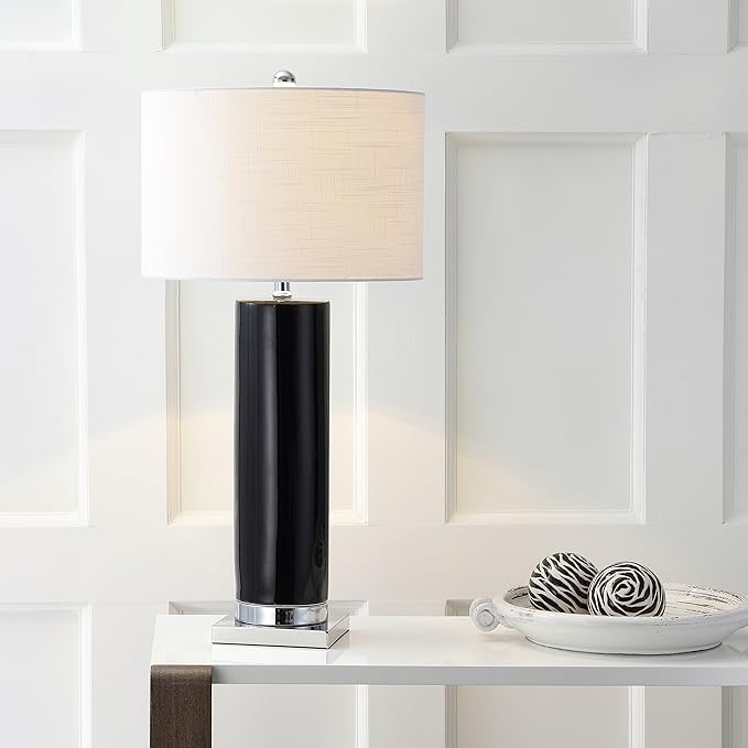 JONATHAN Y 31.5" Black/Chrome Ceramic Table Lamp with Chrome Base for Living Room, White Linen Drum Shade, Modern Bedside Lamp for Bedroom Office Nightstand, LED Bulb Included (JYL8021B)