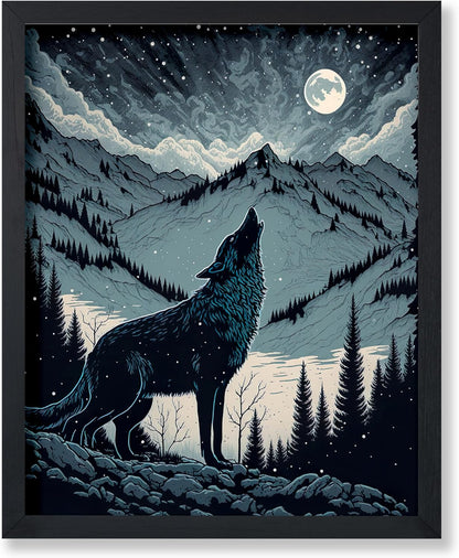 Poster Master Howling Wolf Poster - Moon Print - Mountain Art - Wolf & Moon Art - Gift for Men, Women & Animal Lover - Landscape Decor for Bedroom, Living Room or Kid's Room - 16x20 UNFRAMED Wall Art
