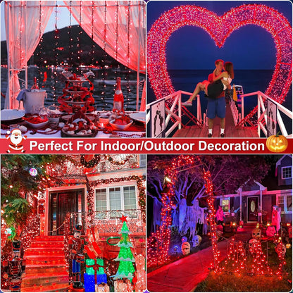 Christmas Lights Outdoor, 66FT 200 LED Christmas Tree Lights with 8 Modes Waterproof, Plug in Green Wire String Twinkle Light for Indoor Bedroom Patio Wedding Holiday Decorations, Red