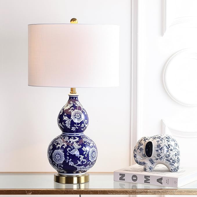 JONATHAN Y 27" Blue/White Ceramic Chinoiserie Table Lamp, Traditional Floral Double Gourd Vase Lamp with White Linen Drum Shade, Brass Gold Base, LED Bulb Included JYL3003A