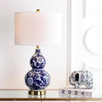 JONATHAN Y 27" Blue/White Ceramic Chinoiserie Table Lamp, Traditional Floral Double Gourd Vase Lamp with White Linen Drum Shade, Brass Gold Base, LED Bulb Included JYL3003A