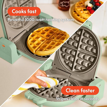 bella Flip-n-Store Waffle Maker with EverGood™ Ceramic Nonstick Coating, Fits-anywhere™ Kitchenware, Power Indicator Light, Cool Touch Handle & Cord Wrap, 7” Wide & 1" Deep Plates, 1000 Watt, Seaglass