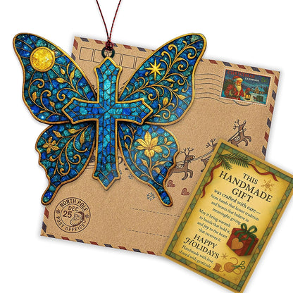 Butterfly Cross Ornament – Christian Memorial Christmas Ornament – Religious Sympathy Gift for Loss of Loved One – Bereavement Keepsake Decoration, Suncatcher Effect stained glass window hanging