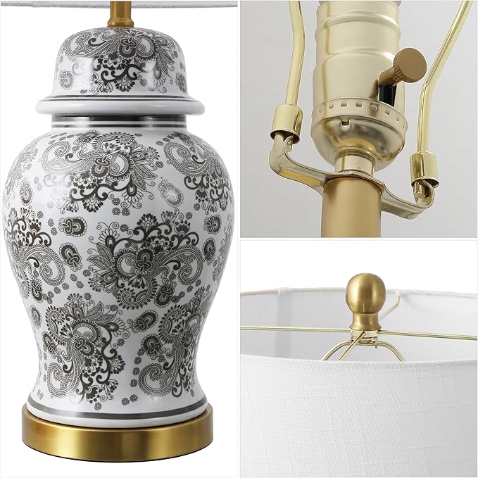 JONATHAN Y 29.5" Gray/White Ceramic Table Lamp for Living Room and Office, White Linen Drum Shade, Traditional Chinoiserie Ginger Jar Lamp, LED Bulb Included (JYL3008B)