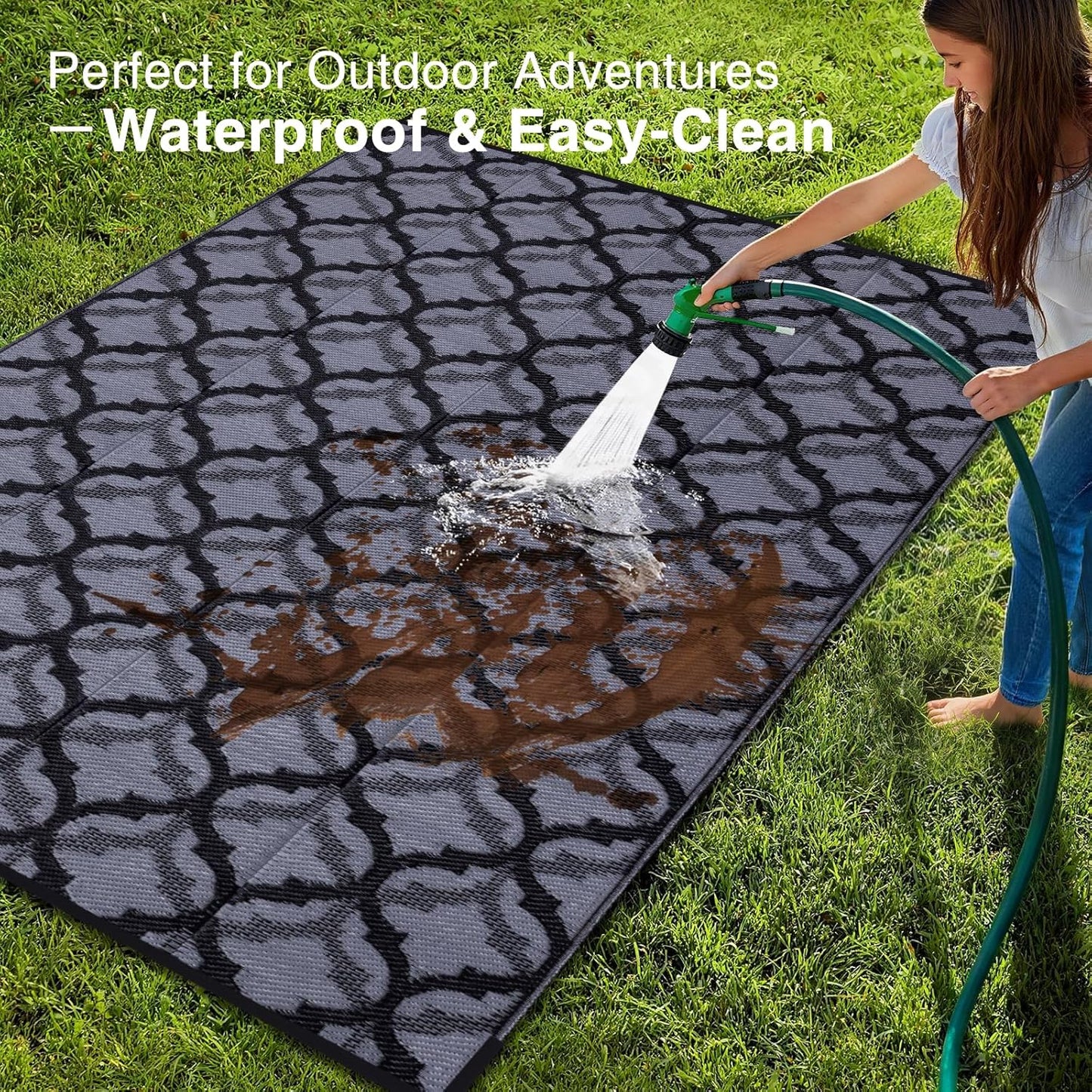 OLANLY Reversible Outdoor Rug 6x9 ft Clearance, Waterproof Outdoor Plastic Straw Rug with Interlacing Pattern, RV Mat for Patio, Camping, Balcony, Deck, Backyard, Black & Grey