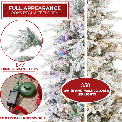 Casafield 6.5FT Pre-Lit Snow Flocked Slim Aspen Fir Artificial Holiday Christmas Tree with White & Multicolored LED Lights, Realistic Noble Fir with Metal Stand