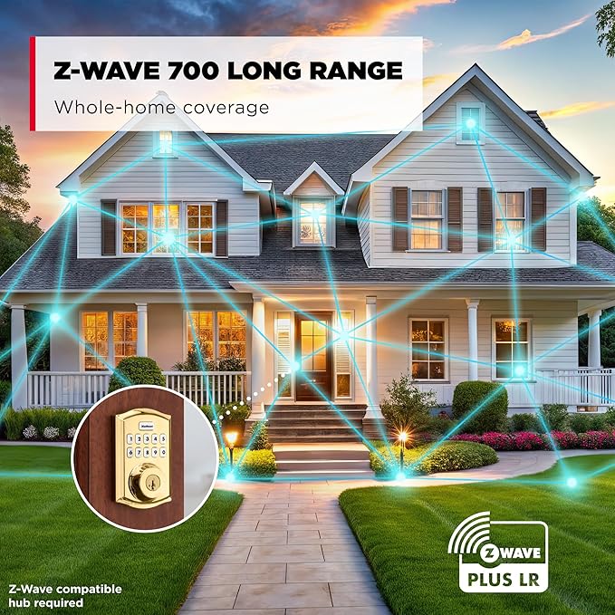 Kwikset HomeConnect 620 Z-Wave Long Range Enabled Keypad Smart Lock Convenient Keyless Entry, Customizable User Codes, Ring Alarm Compatible, Hub Required, Sold Separately Polished Brass Traditional