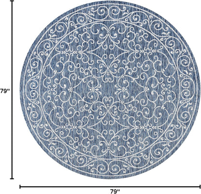 JONATHAN Y Vintage Filigree Indoor Outdoor Round Area Rug 6 Ft Navy/Gray, Charleston Textured Weave for Backyard, Patio, Porch, Easy-Cleaning, High Traffic, Pet-Friendly, Non-Shedding (SMB106D-6R)