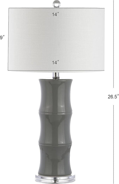 JONATHAN Y 26.5" Gray Ceramic Table Lamp for Living Room, Bedroom Nightstand, White Linen Drum Shade, Bamboo Design Modern Bedside Desk Lamp with LED Bulb Included (JYL3015B)